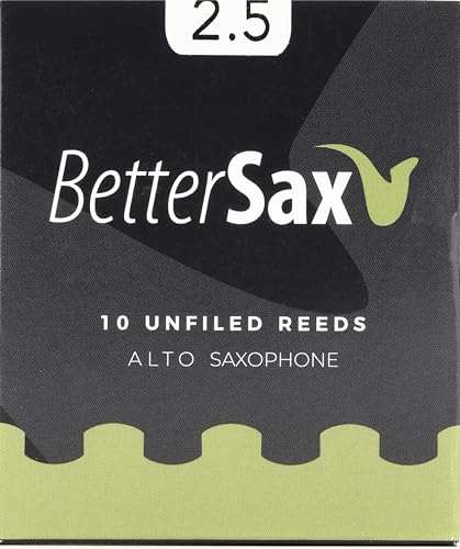 BetterSax Premium Alto Saxophone Reeds – 2.5 Strength (10-Pack): Organic French Cane, Superior Consistency & Rich Tone, Jazz Cut for Saxophonists of All Levels, Eco-Friendly, Plastic-Free Packaging