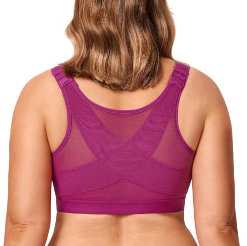 DELIMIRA Women's Full Coverage Front Closure Wire Free Back Support Posture Bra Magenta Purple 38DD