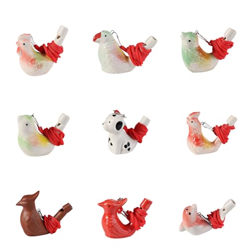 Tiydiygo セラミックバードホイッスルパック、セラミックバードホイッスル、磁器カラフルな漫画の動物の形の鳥の水笛 赤いロープ付き 子供 ホリデー 誕生日ギフト (9個セット)