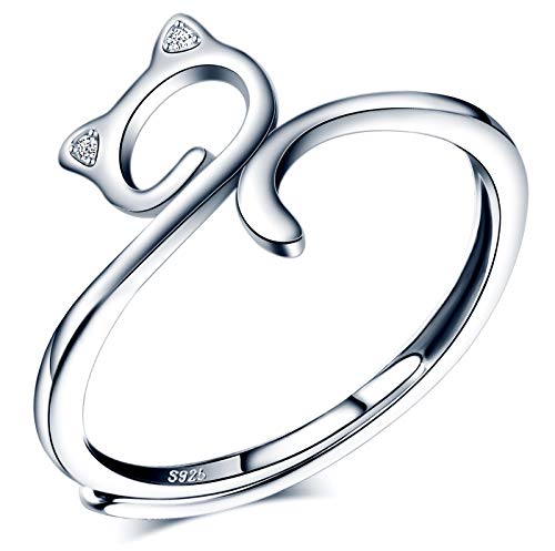CPSLOVE Anillo de mujer niña, anillo de plata de ley 925, Anillos lindo gatito, circón con incrustaciones, anillo abierto, tamaño ajustable, anillo de bodas, Circunferencia de dedo adecuada:48,5-57mm