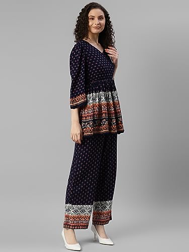Image of DEEBACO Women's Ethnic Motifs Rayon Peplum Flared Tunic & Pants Co Ord Set for Women V Neck & 3 /4 Puff Sleeve Ladies Party Casual Wear for Girls Relaxed Fit Cord Set (DBCOMR00000912 XL Navy Blue)