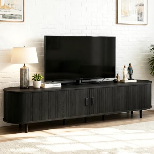 OneBlis 80" Mid Century Modern TV Stand, Wood TV Consoles with Sliding Doors and Power Outlet, Fluted Entertainment Center with Adjustable Shelves, Media Console for Living Room, Black