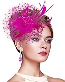 Silom Fascinators Hut für Frauen, Cocktail Tee Party Kopfbedeckung Blume Mesh Feder Fascinator Mädchen Blume Haarclip Fascinatoren Hut Braut Kopfschmuck Hochzeit Kirche Hüte, weiß, 7 1/8 rosarot