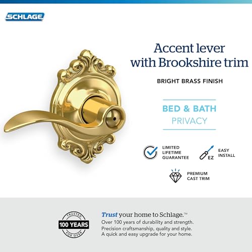 Image of Schlage Accent Lever with Brookshire Trim Bed and Bath Lock in Bright Brass - F40 ACC 605 BRK