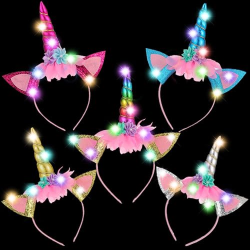 YOUYIKE 5 Stück LED Einhorn Haarreif, Einhorn Leucht Stirnband Kinder, Einhorn Geburtstag Haarreif, Leuchtender Kopfschmuck, für Geburtstag Geschenk Karneval, Ostern Birthday Party