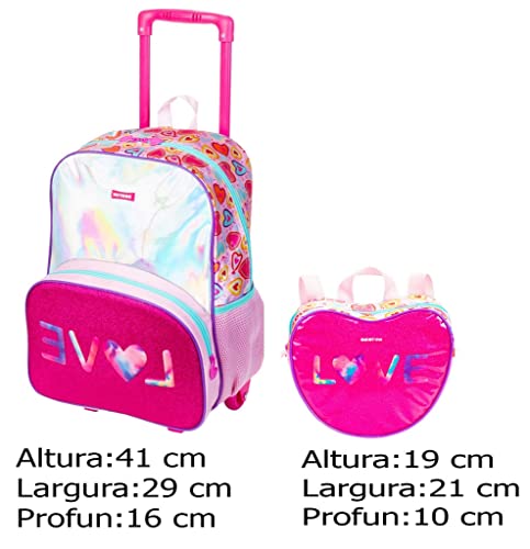 Kit Mochila Rodinhas Escolar Juvenil Infantil Feminina Menina 3D X Love Rosa Glitter Brilho Lancheir