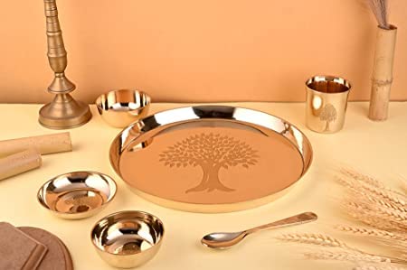 Antique Pure Kansa (Bronze) 6 Pcs Thali Set (Dinner Set) For The Best Gujrati Ideal Gift Glossy Finished Gold Color - Tree Design #TOP3