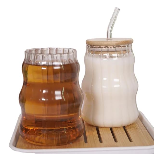 KiKiluxxa Glass Fruit Juice Milk Mug with Lid -370ml-Pack of 2 - Glass BNW Green Tea and Coffee Sipper Tumbler Mug Anniversary and Diwali Gifts Mug (Tinkek TWB 2)