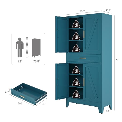 Image of Bevivog Tall Storage Cabinet with Drawers, Metal Pantry Cabinets with Doors and Shelves, 71 inch Bookshelf with 4 Doors, Freestanding Cupboard for Kitchen /Pantry /Living Room /Laundry