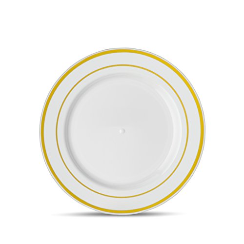 Laura Stein Designer Dinnerware Set Of 40 Premium Plastic Wedding/Party Plates: White, Gold Rim. Set Includes 20 10.75" Dinner Plates & 20 7.5” Salad Plates | Classic Series #TOP3