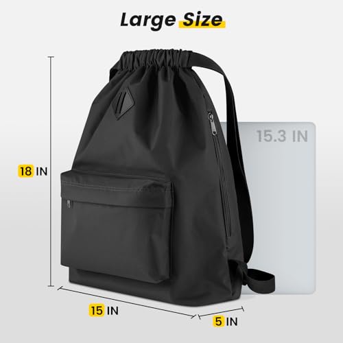 Vorspack Drawstring Backpack Water Resistant String Bag Cinch Bag Sports Gym Sack with Side Pocket for Men Women - Black - Thumbnail 2