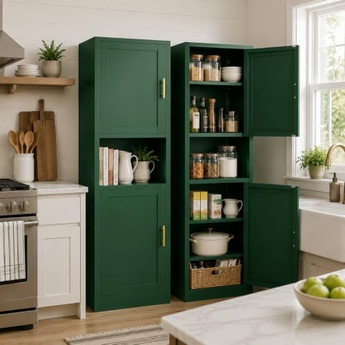 Image of Tall Narrow Pantry Cabinet for Kitchen, 67 inch H Metal Storage Cabinets with Doors and 3 Adjustable Shelves for Dining Room, Living Room and Home Office (20 inches Wide Green)
