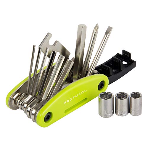Protocol Bicycle Multi Tool: 15 Functions; Multi Tool for Bikes with Multiple hex Keys to fit Any Size Bolt or Screw, fold Out Phillips and Slotted Screwdrivers, Includes Carrying case