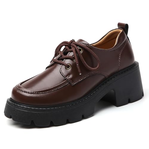 QHH Platform Oxford Shoes for Women Women's Oxfords Lace-Up Chunky Leather Oxford Heels Business Casual Shoes Comfortable Dressy Shoes Office Work Pumps Shoes for Womens Ladies Brown US 8.0