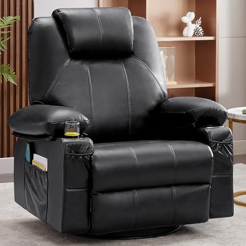 Weture Swivel Rocker Recliner Chair with Heat and Massage, 360 Degree Swivel Rocking Single Sofa with Cup Holders and USB Port, Large Big Recliner Chair for Living Room (Leather, Black)