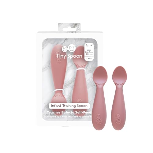 Image of ezpz Tiny Spoon (2 Pack in Blush) - 100% Silicone Baby Spoon for Baby Led Weaning + Purees - 6 months + - Designed by a Pediatric Feeding Specialist - Baby Essentials & Baby Gifts