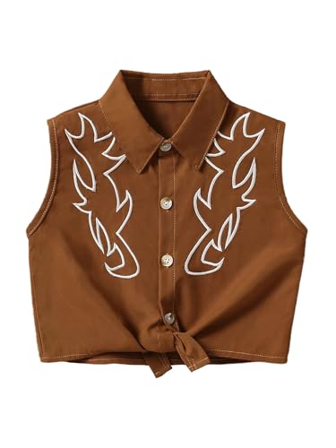 MakeMeChic Girl's Vest Top Sleeveless Button Down Collared Embroidery Vintage Cowgirl Summer Blouse Shirt