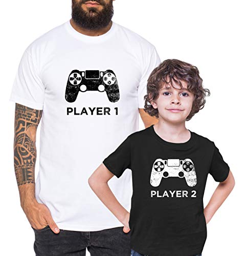 Tee Kiki Player 1 2 - Partner t-Shirt Father Son Papa Daddy Child Baby Body Partner Look, Größe2:M, T-Shirts:Men's t-Shirt White