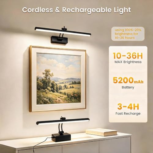 Yuichoy 2 Pack Picture Lights for Wall Battery Operated, 16 inch Wireless Art Lighting for Painting, 6 Colors Picture Frame Lights with Remote, Dimmable 5200mAh Gallery Light, Black