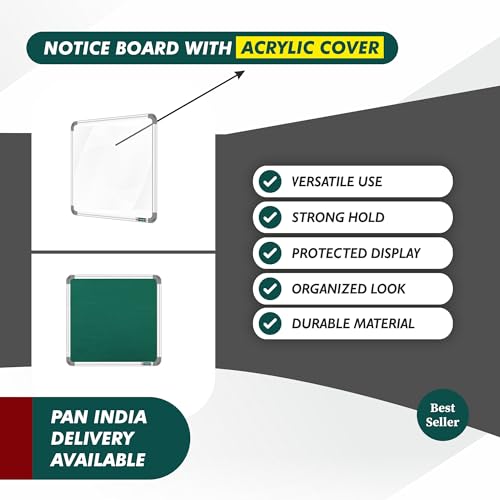 Image of YAJNAS 2x2 Feet Premium Material Green Designed Notice Board with Acrylic Door /Soft Board /Bulletin Board /Pin-up Display Board for Study Room, Office, School & Home Use