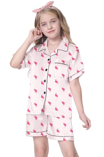 Image of Schbbbta Girls Womens Pajamas, Satin Silky Pjs Set Kids 2Pcs Button-Down Nightwear Sleepwear Gift for Mommy and me