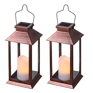 2 Pack Solar Lanterns, Outdoor Garden Hanging Lanterns, LED Flickering Flameless Candle Mission Lights for Yard,Table,Patio(Bronze)