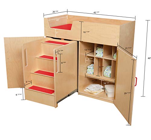 Wood Designs Toddler Changing Table With Step Stool And Safety Strap For Nursery, Baby Diaper Changing Station With Red Cushion, Greengaurd Gold Certified #TOP2