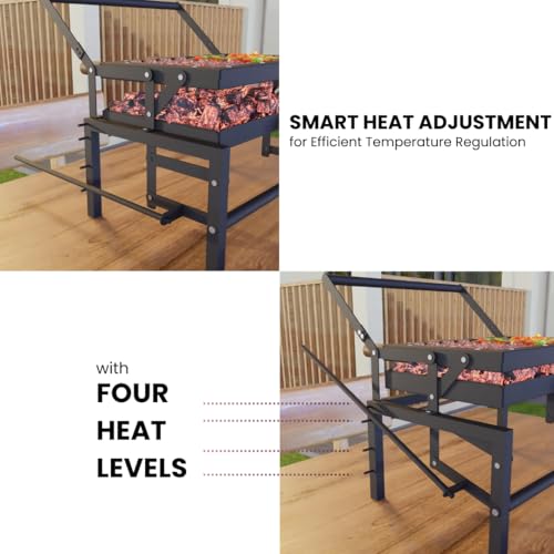 Image of COGO FLIP Large BBQ | Tongs & Oil Brush | Flipping Mechanism | Adjustable 4 Heat Levels | 17 x 22 x 19 inch | Lightweight & Strong Metal Frame | Home Charcoal Grill | Outdoor Barbeque | Colour: Black