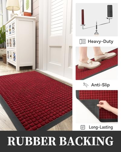 MontVoo-Door Mat Outside Entrance Outdoor Indoor Front Doormat for Entryway-Durable Rubber Backed Welcome Entry Mat Non Slip Dirt Trapper Absorbent-Red 17’’x30’’