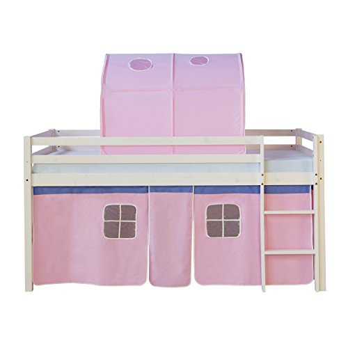 Homestyle4u Kinderbett 90x200 Weiß Hochbett mit Treppe Tunnel Vorhang Rosa...