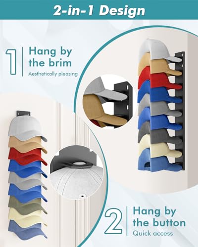 Meeenmiil Hat Organizer for Baseball Caps (2-Pack), Strong Adhesive Hat Rack for Wall, Multi-layer Hat Hooks Storage for 18 Hats, Hat Holder Hanger for Door, Bedroom, Closet - Black — view 2