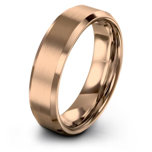 Charming Jewelers Tungsten Wedding Band Ring 6mm for Men Women Comfort Fit 18K Rose Gold Beveled Edge Brushed Polished Size 12