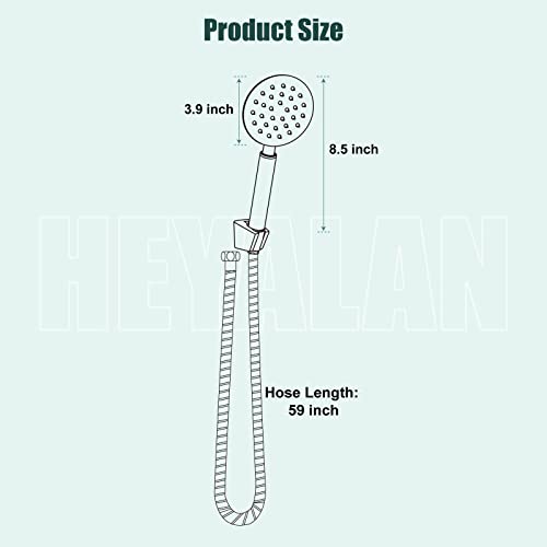 Heyalan Shower Wand Handheld Showerhead Wand Spray High Pressure Flow Brushed Nickel 1 Mode Hand Held Round Sus304 Sprayer Bathroom High Powerful Single Function Shower Head Bracket&Water Hose Include #TOP2