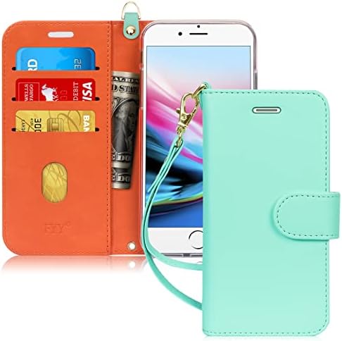 FYY for iPhone 8 Plus Case/iPhone 7 Plus Case, PU Leather Flip Wallet Phone Case with Card Holder Wrist Strap Kickstand Protective Cover for iPhone 7 Plus/8 Plus 5.5" Mint Green