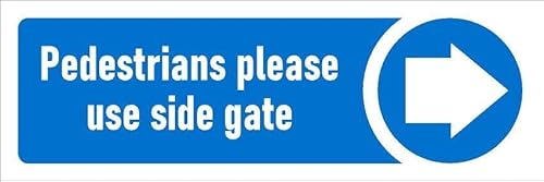 Pedestrians please use side gate, arrow pointing right, safety sign - 3mm Aluminium sign (300mm x 100mm)