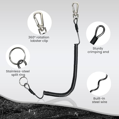Pristis 6 pcs Fishing Coiled Lanyards, Heavy-duty Retractable Keychain Pole Tether, Stretchy Safety Leash with Steel Wire Carabiner, Board Rod Strap Accessory for Tools Gear, Black & Blue & Yellow
