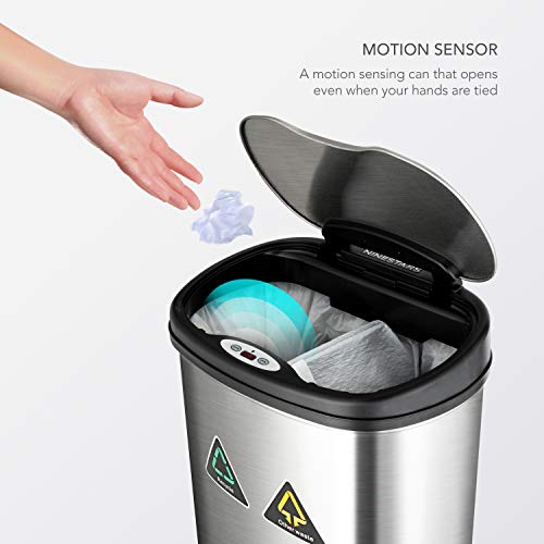 Ninestars Dzt-50-13R Automatic Touchless Infrared Motion Sensor Trash Can/Recycler, 13 Gal 50L, Stainless Steel Base (Oval, Black/Silver Lid) #TOP1