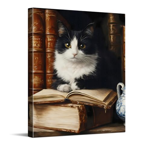 CYFDYVT Tuxedo Cat Wall Art Vintage Oil Painting Style Fluffy Cat on Old Books Canvas Poster Print Academic Aesthetic Cat Lover Bookworms Gift Dark Academia Wall Decor for Room Library Study Framed