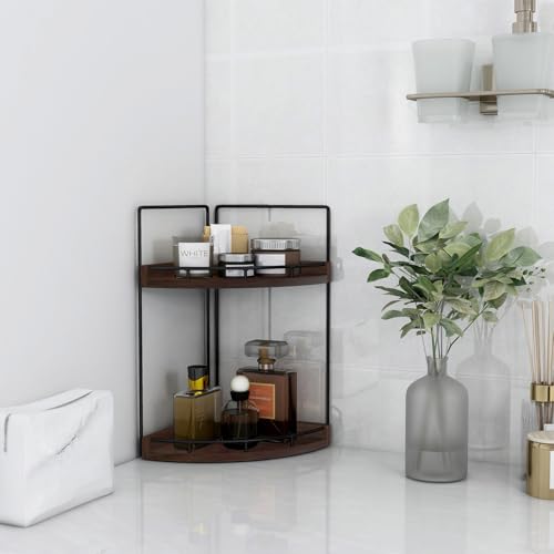 Image of Dorhors 2-Tier Bathroom Counter Organizer,Vanity Counter Corner Shelf, Skincare, Wood Countertop Bathroom Storage and Organization for Kitchen (Walnut)