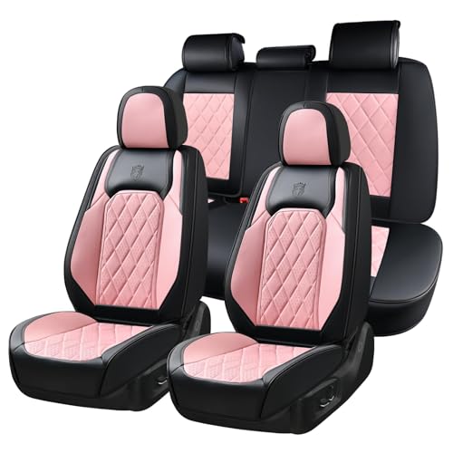 Coverado Leather Seat Covers, Car Seat Covers Full Set, Waterproof Faux Leather Pink & Black Seat Covers, Car Seat Protectors 5 Seats, Automotive Seat Covers Universal Fit for Most Cars SUV Trucks