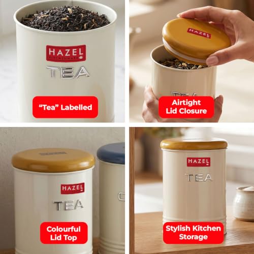 Image of HAZEL Tea Storage Container with Lid | Metal Kitchen Airtight Jar for Tea Leaves