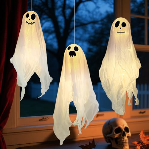 Halloween Deko Geist Mit Warmweißen LED, 3 Stück Halloween Hängende Geister Deko 45cm, Helloween Ghosts, Halloween Geistergesicht Windsack, Halloween Deko Für Hof, Garten, Terrasse, Rasen, Partydekor