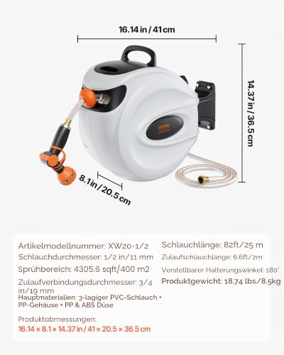 VEVOR Schlauchtrommel Wasser 25mx12mm mit Wandhalterung Tragegriff Schlauchaufroller mit 9-Muster-Sprühdüse & Gartenschlauch 180° Schwenkbar Wand-Schlauchbox mit Aufroll-Automatik Gießen Autowaschen