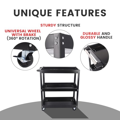 LFGUD 3-Tier Commercial Utility Cart, 3 Shelves Steel Service Tool Cart with Brake Wheels for Mechanics, 330lbs Heavy Duty Rolling Utility Carts Tub Storage Cart for Warehouse Office Garage, Black - Thumbnail 4
