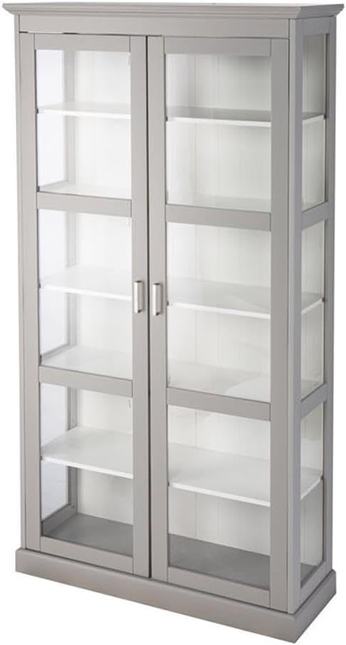 Bowery Hill Transitional Tall Wood Curio Cabinet, Gray Finish, 77.75"H x 39.5"W x 14"D, 6 Fixed Shelves with Glass Doors, Engineered Wood with White Interior, Classic Display Cabinet for Entryway or