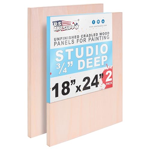 U.S. Art Supply 18" x 24" Unfinished Cradled Wood Panels for Painting, Studio 3/4" Deep (2 Pack) - Artist Depth Birch Wooden Wall Canvases - Mixed-Media Craft, Acrylic, Oil, Encaustic, Paint Pouring