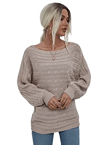 Shein Women's Casual Long Sleeve Boat Neck Sweaters Cable Knit Pullover Tops Apricot S #TOP3