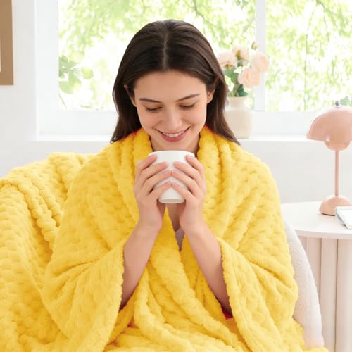 Image of BEDELITE Light Yellow Throw Blanket for Couch, Soft Cozy Gifts for Women | 3D Jacquard Decorative Fleece Blanket, Super Soft Plush Throws, Cute Birthday Gift for Women, Suitable for All Seasons, 50*60