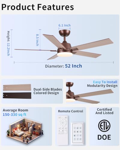 Image of Rayqueen 52 Inch Brown Ceiling Fans with Lights and Remote,Includes Downrod