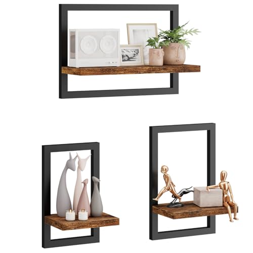 IBUYKE Floating Shelf Wall,Set of 3 Wall Shelves,Hanging Shelves for Wall Storage,Display Racks,Square Bookcase for Living Room, Office, Bedroom, Bathroom, Kitchen,Brown...